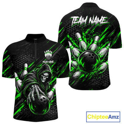 Custom Grim Reaper Bowling Shirt For Men, Personalized Green Paint Splatter Bowling Ball  NHT1533