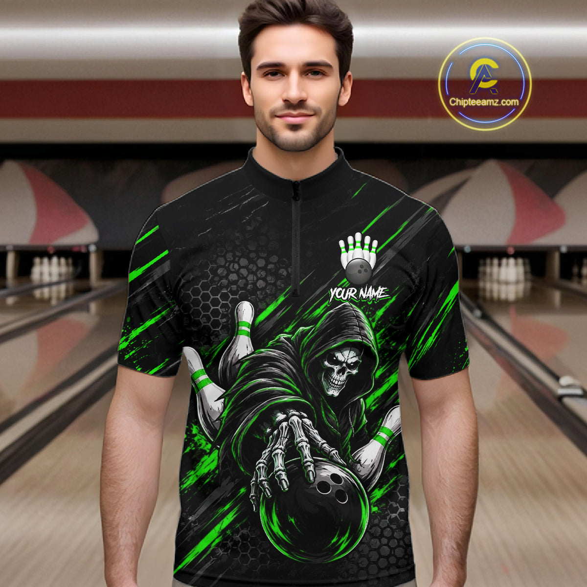 Custom Grim Reaper Bowling Shirt For Men, Personalized Green Paint Splatter Bowling Ball  NHT1533