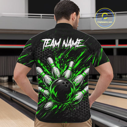 Custom Grim Reaper Bowling Shirt For Men, Personalized Green Paint Splatter Bowling Ball  NHT1533