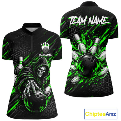 Custom Grim Reaper Bowling Shirt For Women, Personalized Green Paint Splatter Bowling Ball  NHT1533