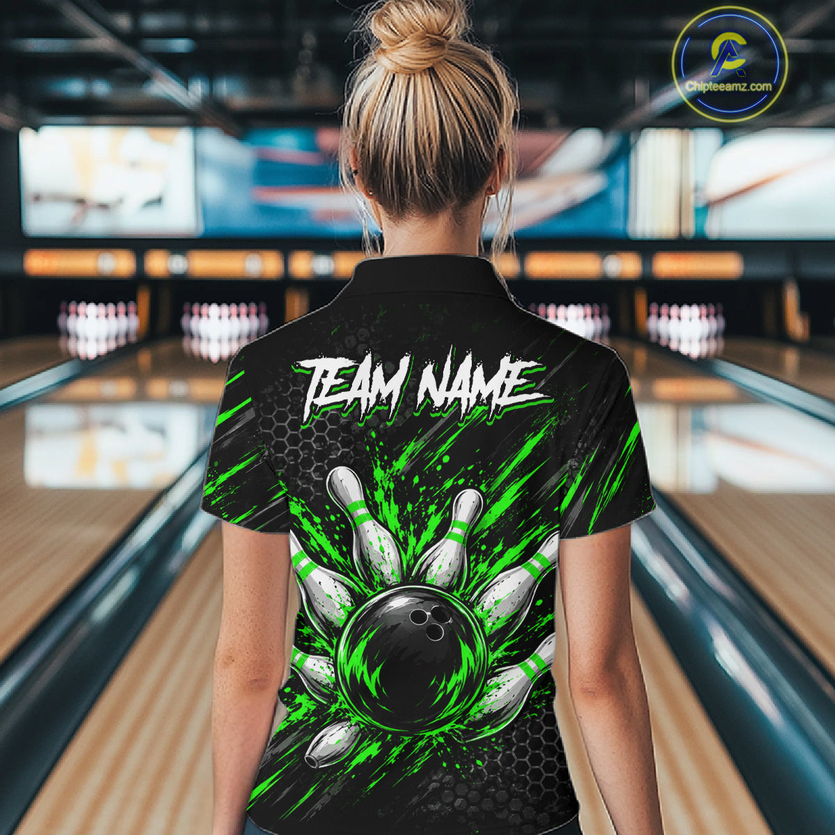 Custom Grim Reaper Bowling Shirt For Women, Personalized Green Paint Splatter Bowling Ball  NHT1533