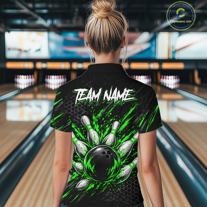Custom Grim Reaper Bowling Shirt For Women, Personalized Green Paint Splatter Bowling Ball  NHT1533