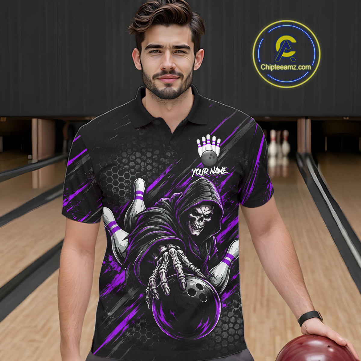 Custom Grim Reaper Bowling Shirt For Men, Personalized Purple Paint Splatter Bowling Ball NHT1534