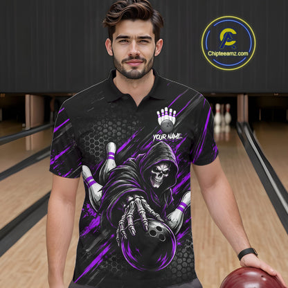 Custom Grim Reaper Bowling Shirt For Men, Personalized Purple Paint Splatter Bowling Ball NHT1534