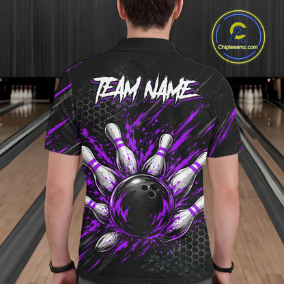 Custom Grim Reaper Bowling Shirt For Men, Personalized Purple Paint Splatter Bowling Ball NHT1534