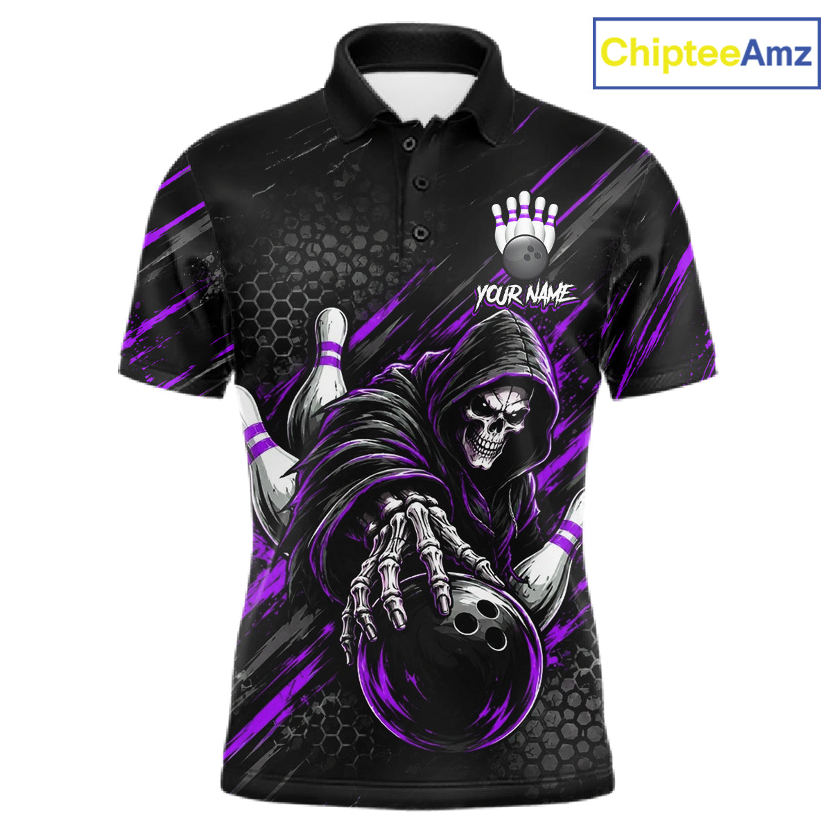 Custom Grim Reaper Bowling Shirt For Men, Personalized Purple Paint Splatter Bowling Ball NHT1534