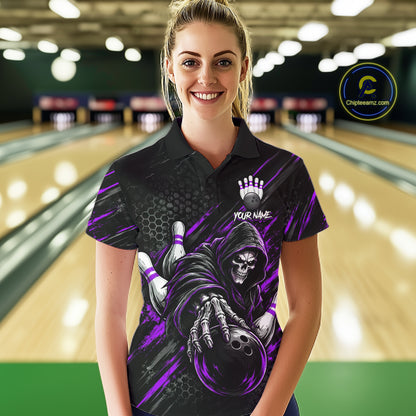 Custom Grim Reaper Bowling Shirt For Women, Personalized Purple Paint Splatter Bowling Ball NHT1534