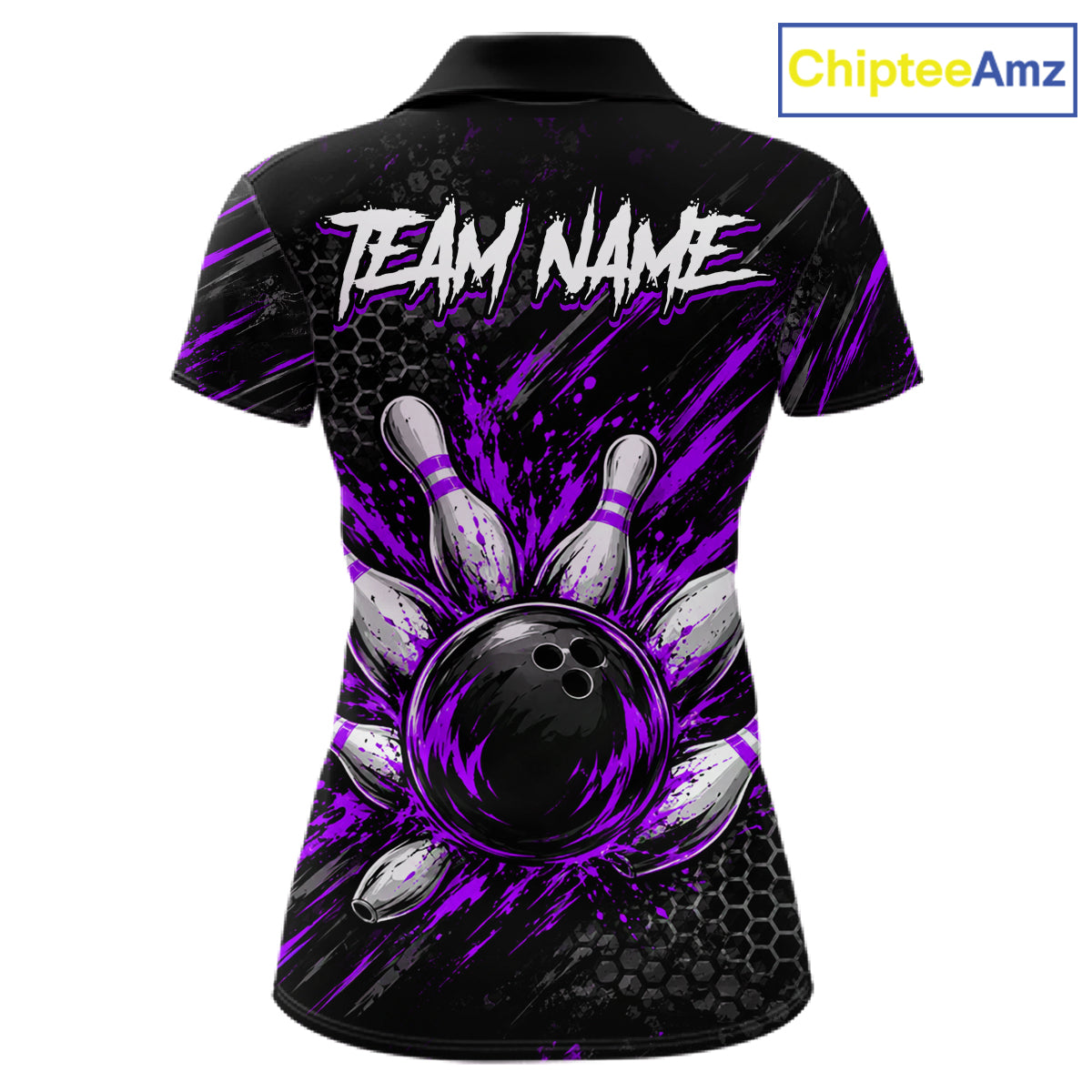 Custom Grim Reaper Bowling Shirt For Women, Personalized Purple Paint Splatter Bowling Ball NHT1534