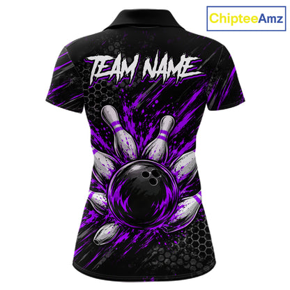 Custom Grim Reaper Bowling Shirt For Women, Personalized Purple Paint Splatter Bowling Ball NHT1534