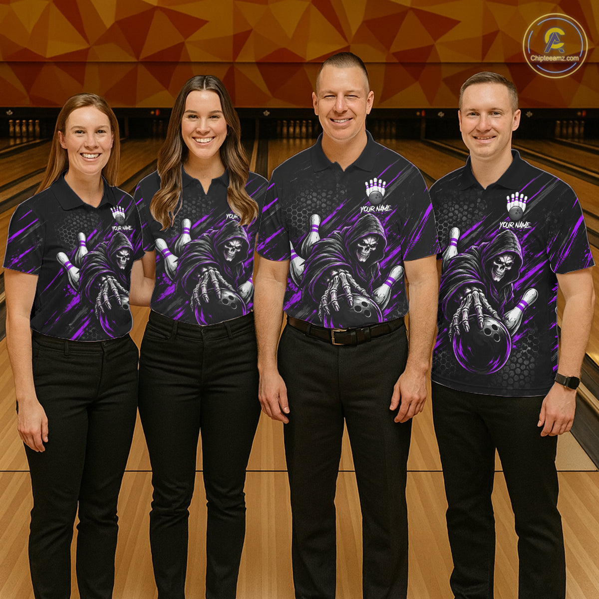 Custom Grim Reaper Bowling Shirt For Women, Personalized Purple Paint Splatter Bowling Ball NHT1534