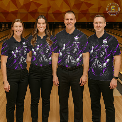 Custom Grim Reaper Bowling Shirt For Men, Personalized Purple Paint Splatter Bowling Ball NHT1534
