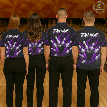 Custom Grim Reaper Bowling Shirt For Men, Personalized Purple Paint Splatter Bowling Ball NHT1534