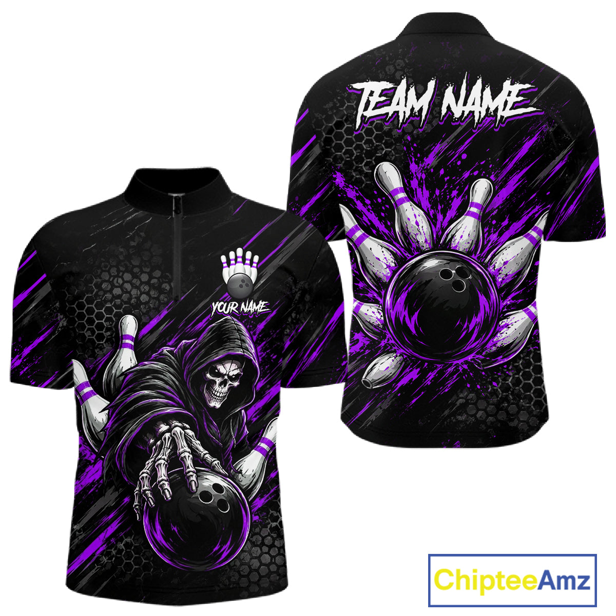 Custom Grim Reaper Bowling Shirt For Men, Personalized Purple Paint Splatter Bowling Ball NHT1534