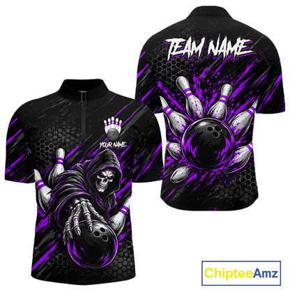 Custom Grim Reaper Bowling Shirt For Men, Personalized Purple Paint Splatter Bowling Ball NHT1534