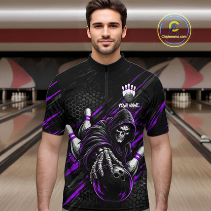 Custom Grim Reaper Bowling Shirt For Men, Personalized Purple Paint Splatter Bowling Ball NHT1534