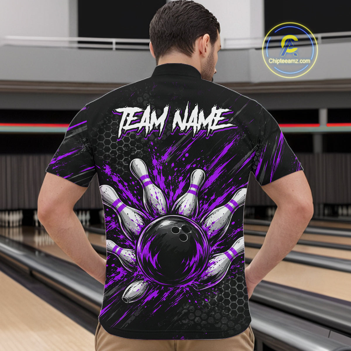 Custom Grim Reaper Bowling Shirt For Men, Personalized Purple Paint Splatter Bowling Ball NHT1534