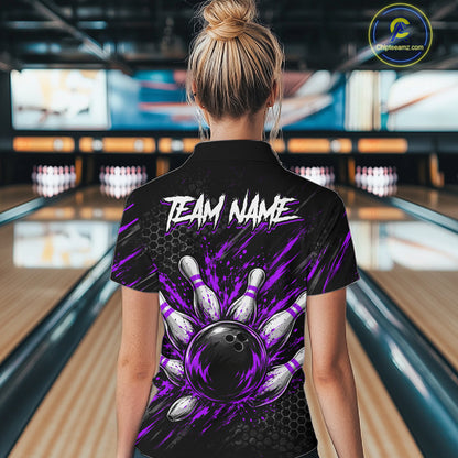 Custom Grim Reaper Bowling Shirt For Women, Personalized Purple Paint Splatter Bowling Ball NHT1534