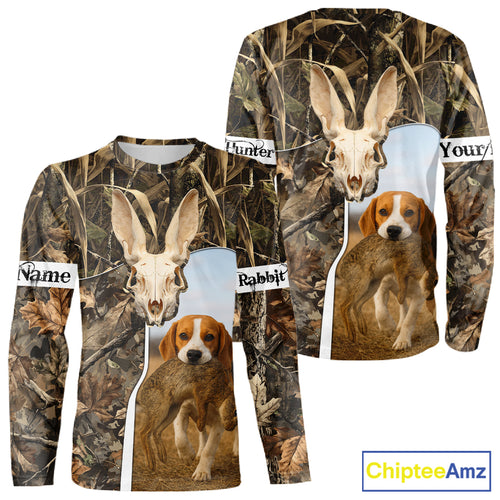Rabbit Hunting With Beagle 3D Skull Camo Custom Hunting Shirt, Rabbit Hunting Clothing NHT229