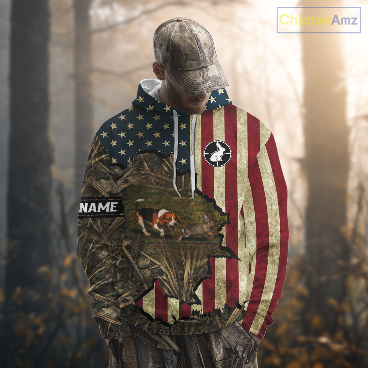 Beagle Dog Chasing Rabbit 3D American Flag Camo Custom Name Shirt, Rabbit Hunting Clothing NHT230