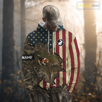 Beagle Dog Chasing Rabbit 3D American Flag Camo Custom Name Shirt, Rabbit Hunting Clothing NHT230