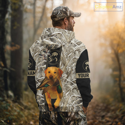Yellow Lab Mallard Duck Hunting Winter Camo 3D Shirt, Custom Name Waterfowl Hunting Clothes NHT232