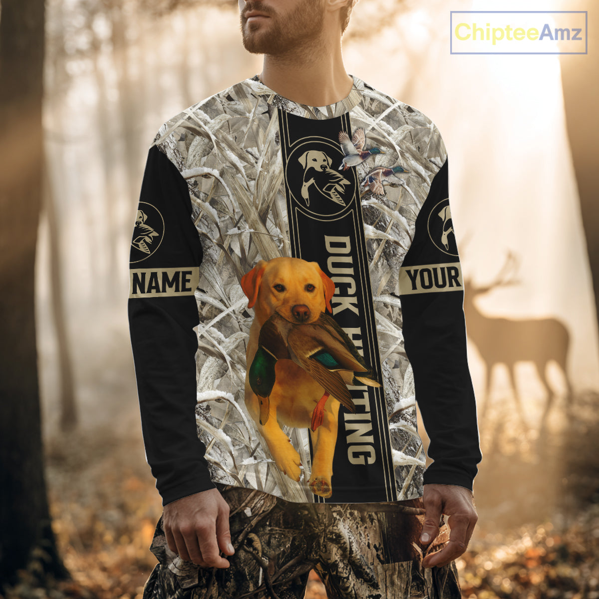 Yellow Lab Mallard Duck Hunting Winter Camo 3D Shirt, Custom Name Waterfowl Hunting Clothes NHT232