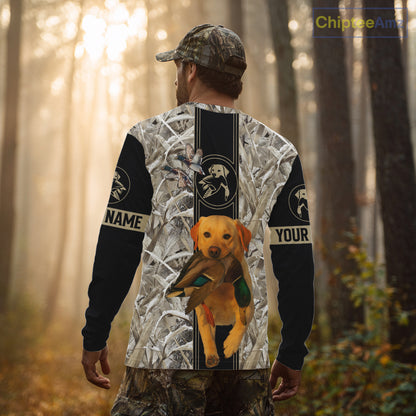 Yellow Lab Mallard Duck Hunting Winter Camo 3D Shirt, Custom Name Waterfowl Hunting Clothes NHT232