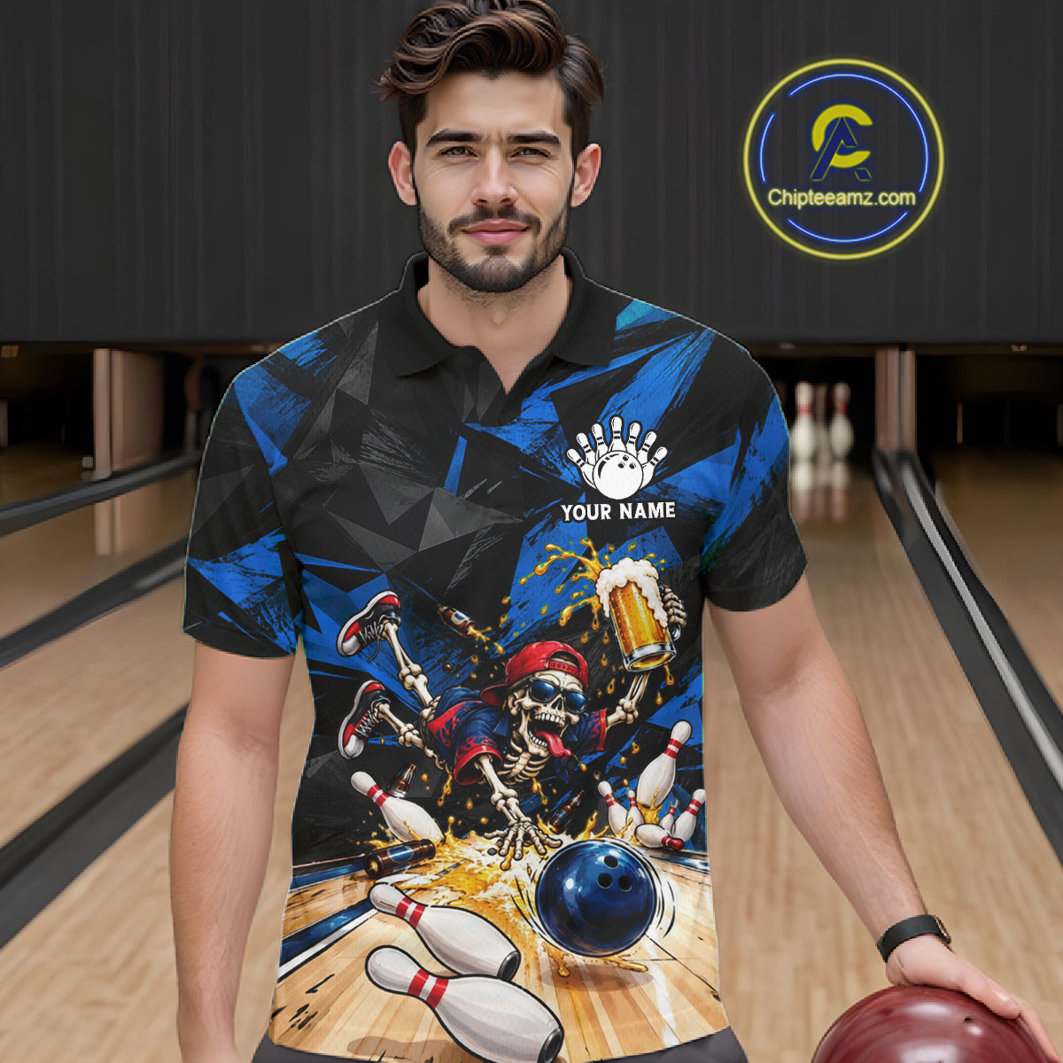 Funny Skeleton Beer Bowling Polo Shirt For Men Custom Blue Black Team Tournament Jersey NHT1712