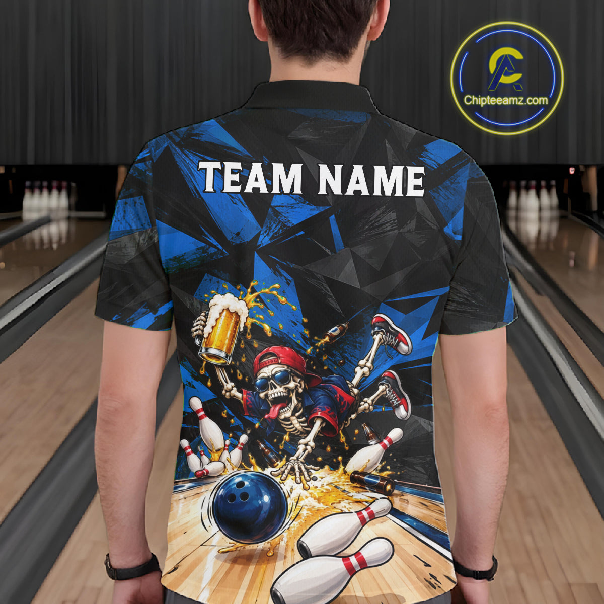 Funny Skeleton Beer Bowling Polo Shirt For Men Custom Blue Black Team Tournament Jersey NHT1712