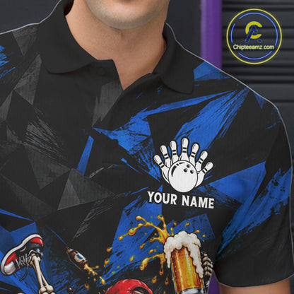 Funny Skeleton Beer Bowling Polo Shirt For Men Custom Blue Black Team Tournament Jersey NHT1712