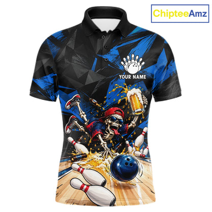 Funny Skeleton Beer Bowling Polo Shirt For Men Custom Blue Black Team Tournament Jersey NHT1712
