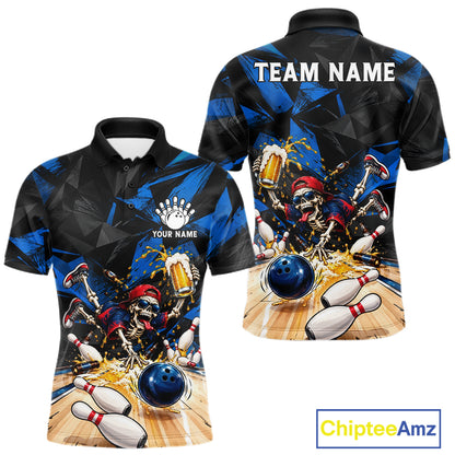 Funny Skeleton Beer Bowling Polo Shirt For Men Custom Blue Black Team Tournament Jersey NHT1712