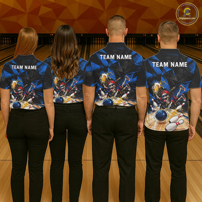Funny Skeleton Beer Bowling Polo Shirt For Men Custom Blue Black Team Tournament Jersey NHT1712