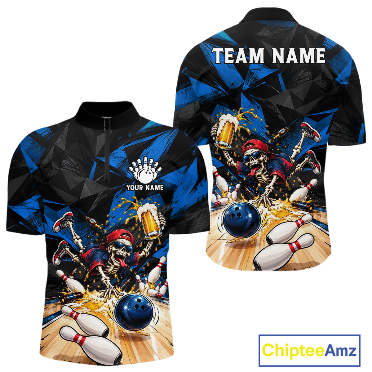 Funny Skeleton Beer Bowling Polo Shirt For Men Custom Blue Black Team Tournament Jersey NHT1712