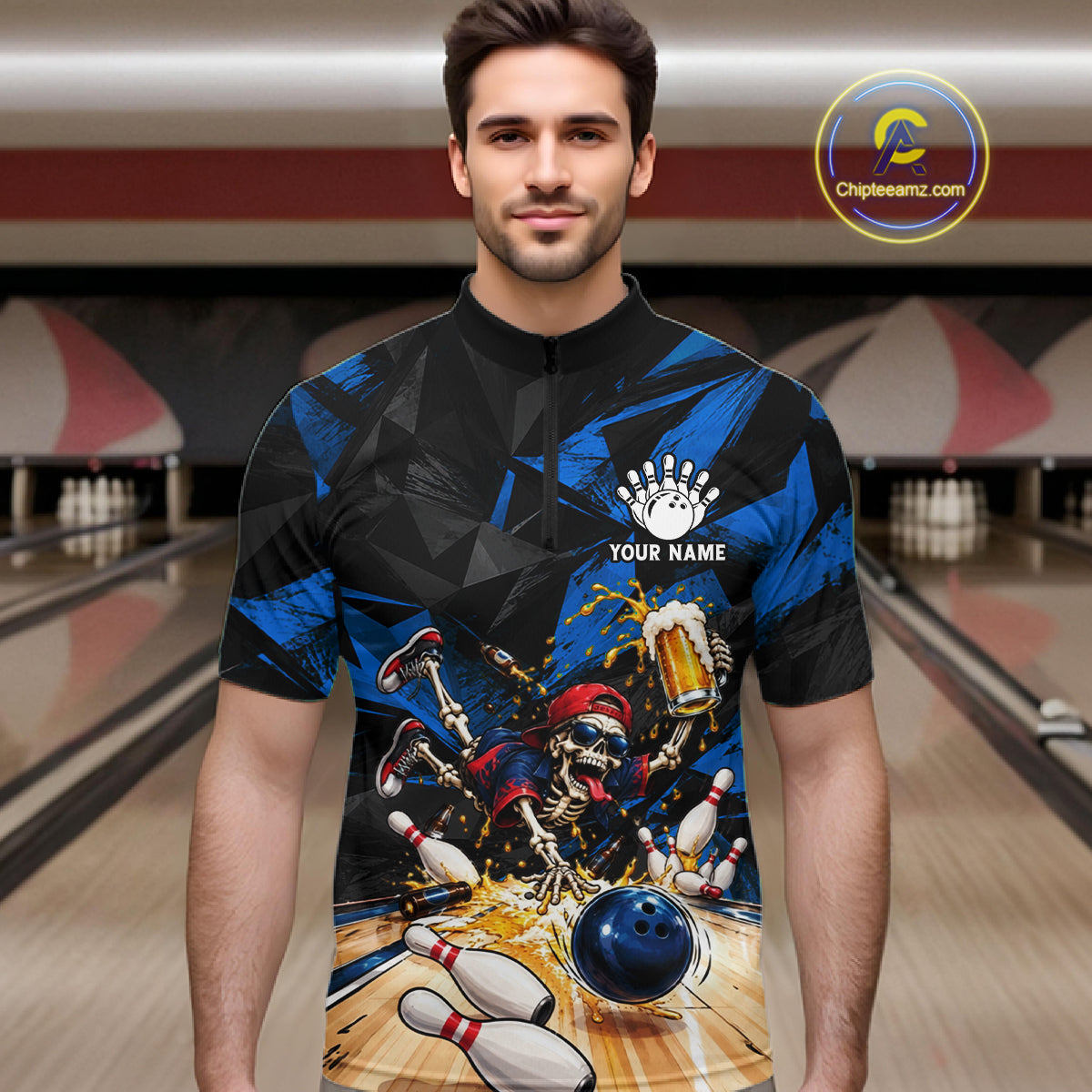 Funny Skeleton Beer Bowling Polo Shirt For Men Custom Blue Black Team Tournament Jersey NHT1712