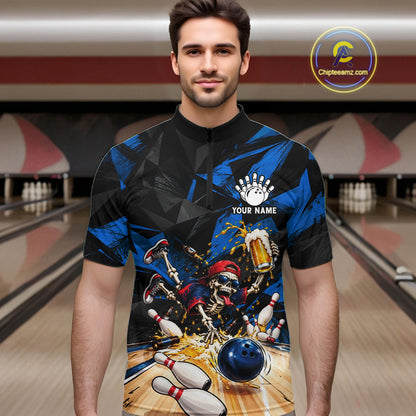 Funny Skeleton Beer Bowling Polo Shirt For Men Custom Blue Black Team Tournament Jersey NHT1712