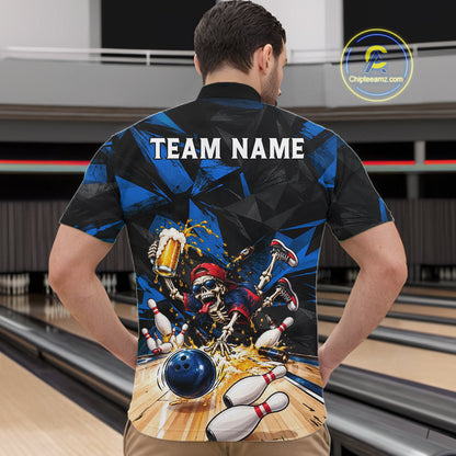 Funny Skeleton Beer Bowling Polo Shirt For Men Custom Blue Black Team Tournament Jersey NHT1712