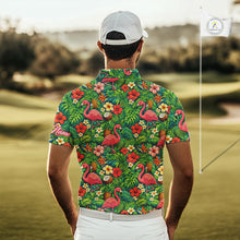 Load image into Gallery viewer, Men's Golf Polo Shirt Colorful Floral Flamingo Pattern Tropical Leaves Custom Name NHT538