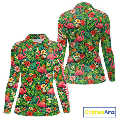 Womens Golf Polo Shirt Colorful Floral Flamingo Pattern Tropical Leaves Custom Name NHT538