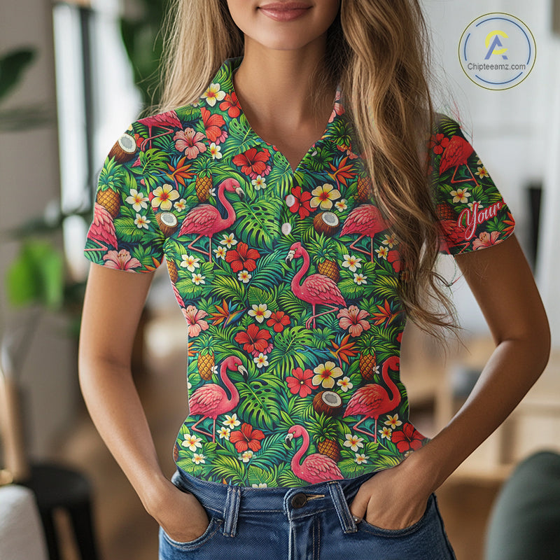 Womens Golf Polo Shirt Colorful Floral Flamingo Pattern Tropical Leaves Custom Name NHT538