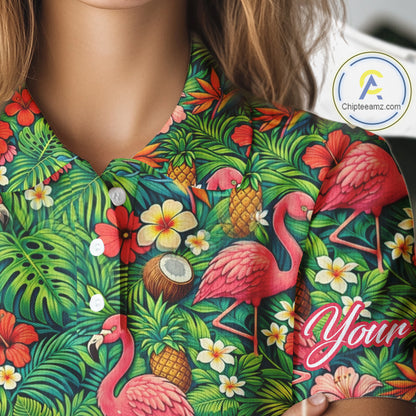 Womens Golf Polo Shirt Colorful Floral Flamingo Pattern Tropical Leaves Custom Name NHT538
