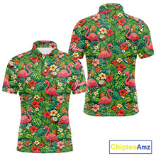 Load image into Gallery viewer, Men's Golf Polo Shirt Colorful Floral Flamingo Pattern Tropical Leaves Custom Name NHT538