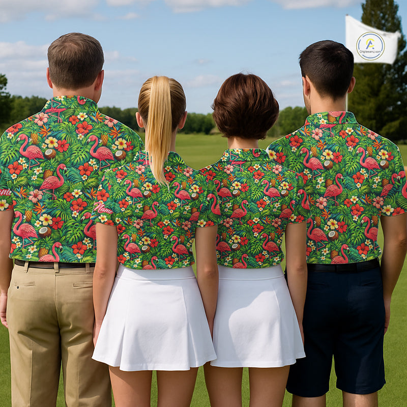Men's Golf Polo Shirt Colorful Floral Flamingo Pattern Tropical Leaves Custom Name NHT538