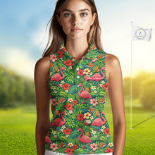 Load image into Gallery viewer, Womens Sleeveless Golf Polo Shirt Colorful Floral Flamingo Pattern Tropical Leaves Custom Name NHT538