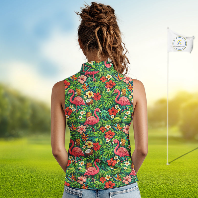 Womens Sleeveless Golf Polo Shirt Colorful Floral Flamingo Pattern Tropical Leaves Custom Name NHT538