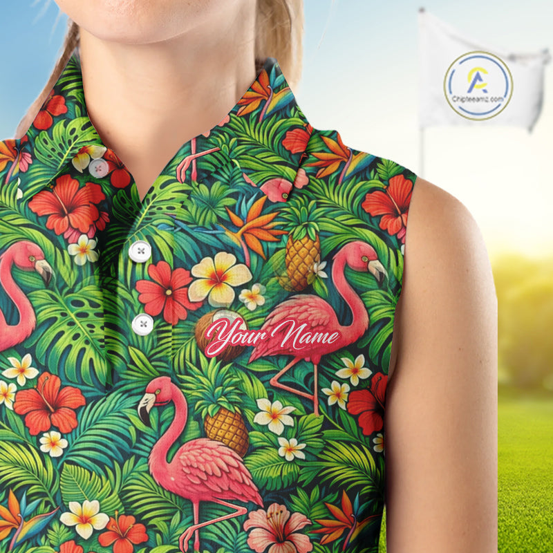 Womens Sleeveless Golf Polo Shirt Colorful Floral Flamingo Pattern Tropical Leaves Custom Name NHT538