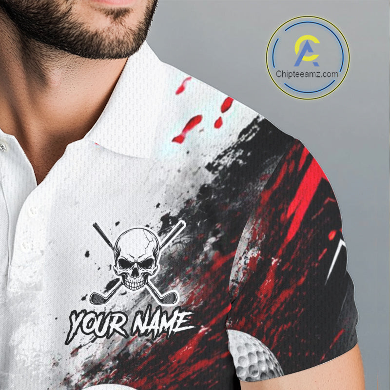 Personalized Skull Mens Golf Shirt Custom Name Family Team Outfits Cool Scratch Splatter Black Golf Polo NHT1239