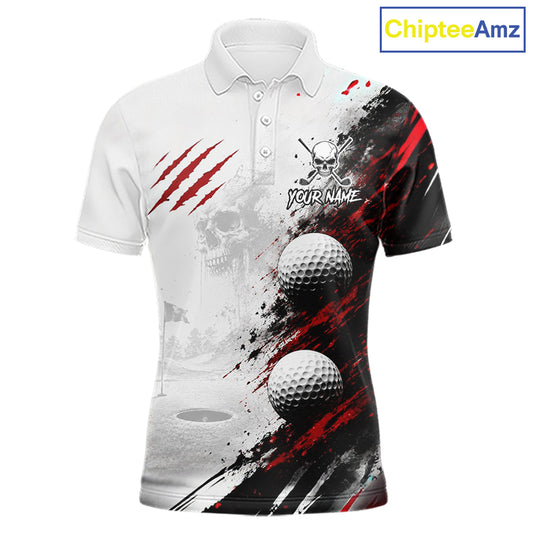 A white short-sleeve polo shirt with a black and red all-over graphic print featuring golf balls, a golf hole, skull artwork, and the text 'YOUR NAME' on the chest. A 'ChipteeAmz' logo is visible in the top right corner.