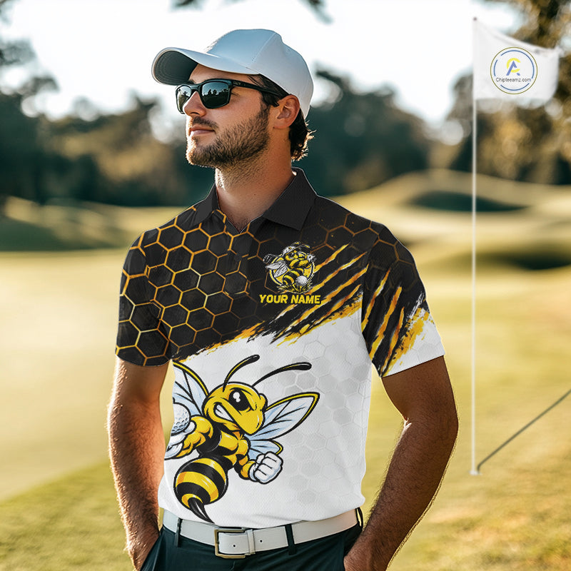 Custom Hornet Bee Golf Lover Black And Yellow Men Polo Shirt, Personalized Golf Polo Shirt With Bee NHT1543