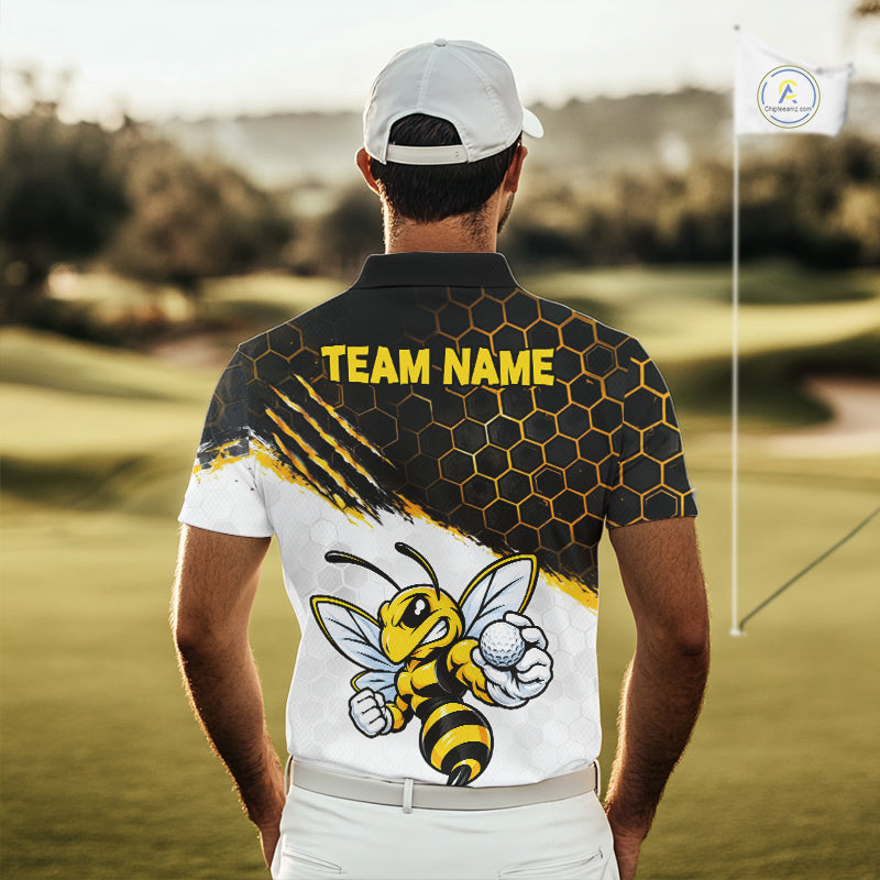 Custom Hornet Bee Golf Lover Black And Yellow Men Polo Shirt, Personalized Golf Polo Shirt With Bee NHT1543